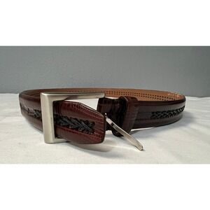 Brown Lizard Embossed Leather Belt with Braided Inlay Silver Buckle‎ 46 Inch